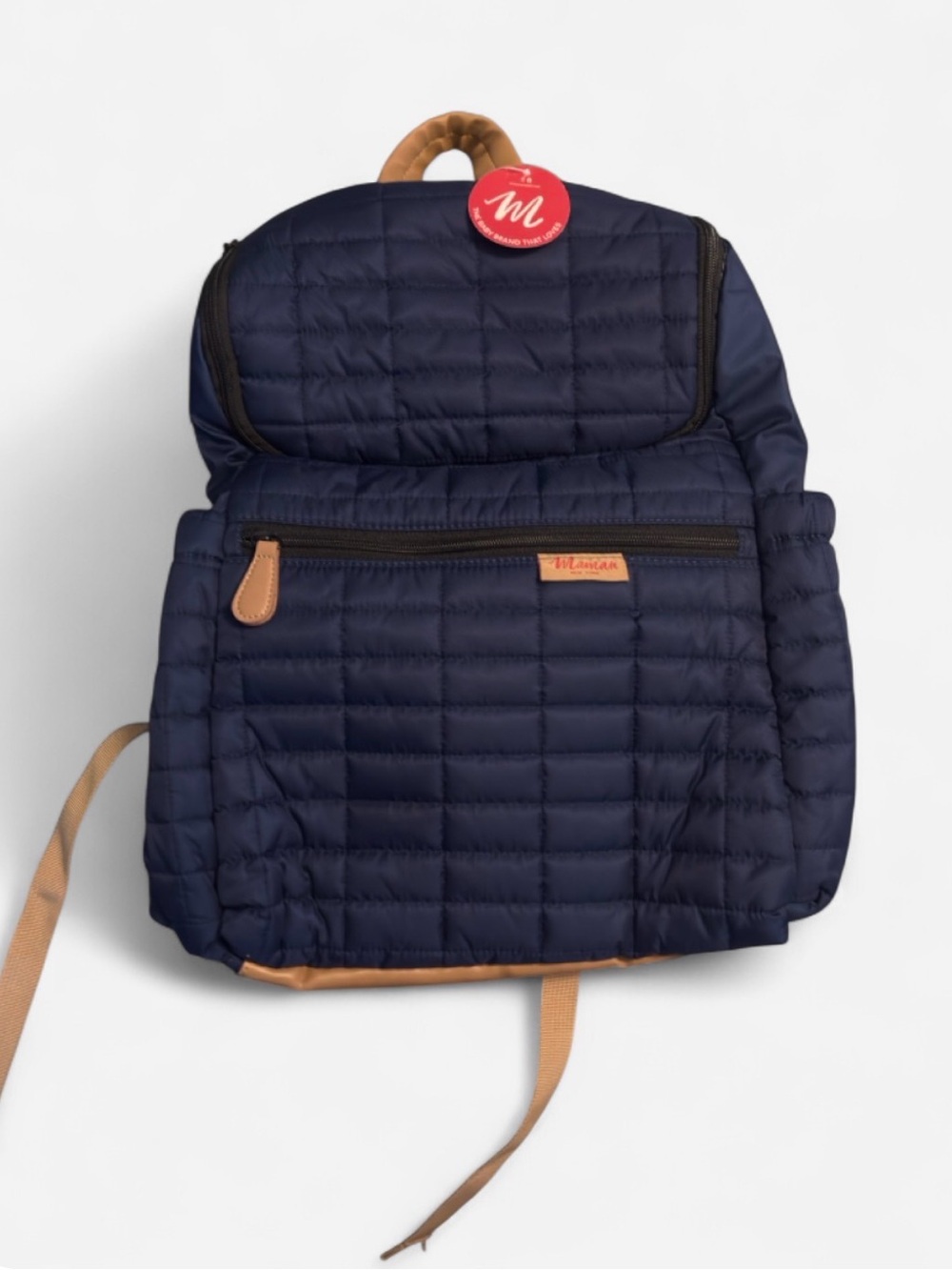 Quilted Maman Navy Baby Backpack with Tan Accents